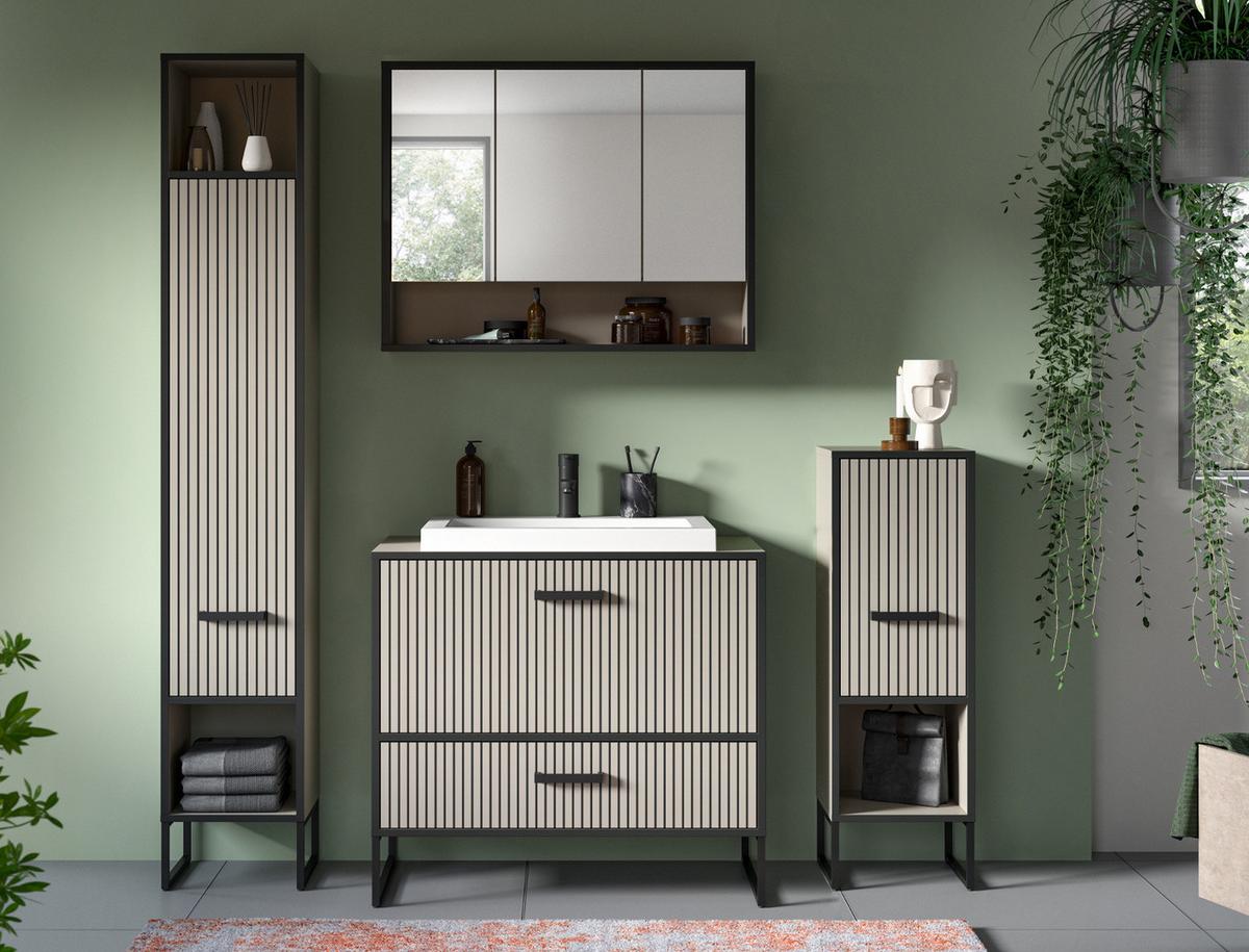 HOCHSCHRANK schwarz, sand 30 cm, Badschrank mit Soft-Close - Sandfarben/Schwarz, Holzwerkstoff/Metall (30/192/32cm) - Inn.Furn