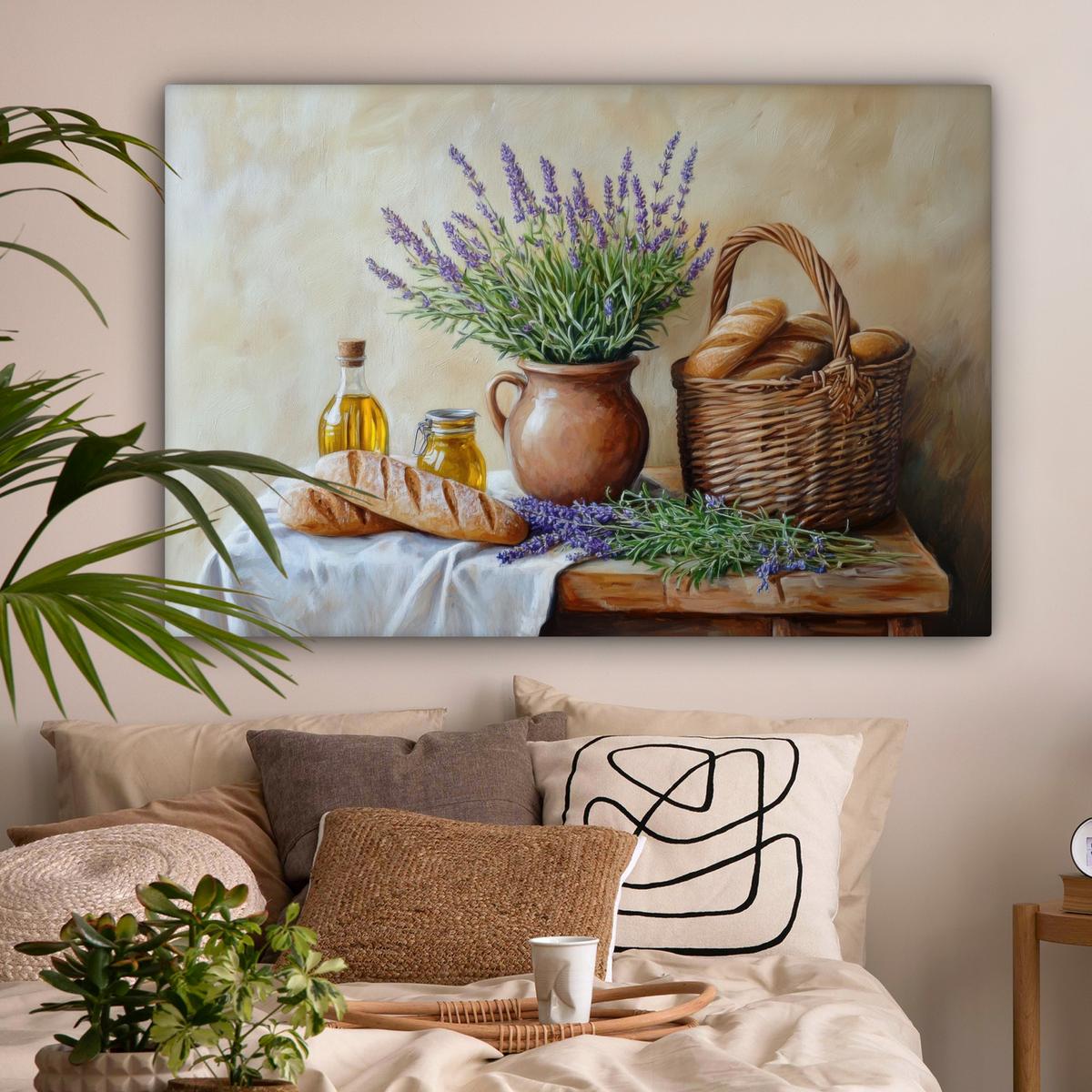 LEINWANDBILD Lavendel - Brot - Stilleben Groß 140x90 cm - Flieder, Textil (140/90cm) - MuchoWow