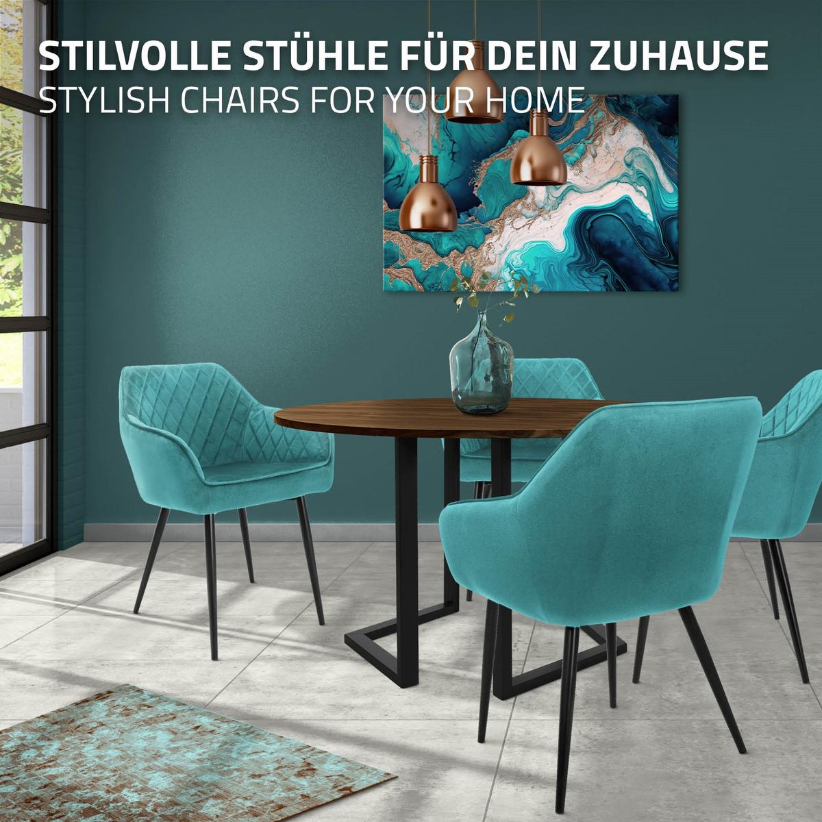 ESSZIMMERSTUHL 4er Set Petrol Samt - Türkis/Schwarz, Textil/Metall (63/80/60cm) - ML-DESIGN