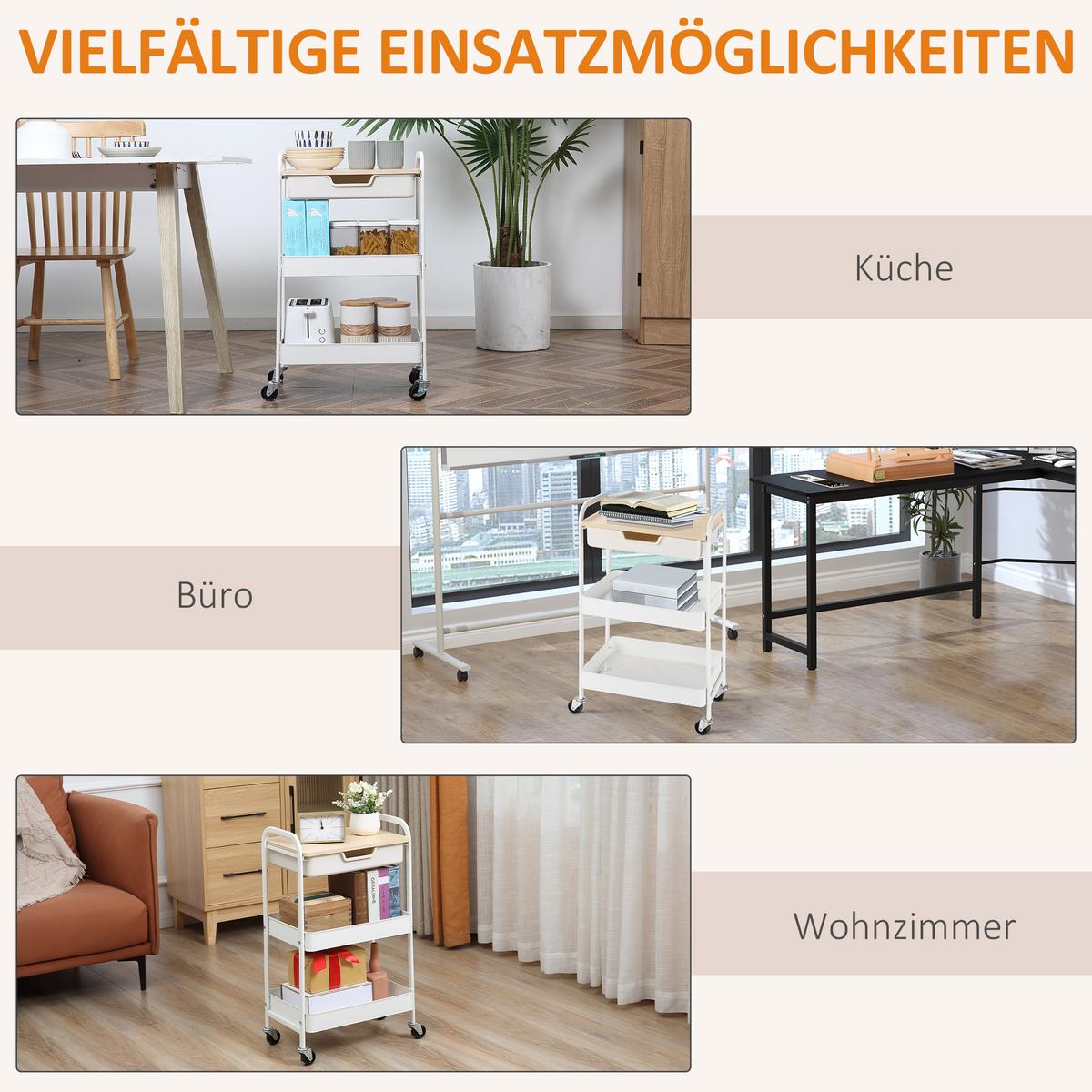ROLLWAGEN mit 3 Ebenen Servierwagen mit Griff Ablage Schublade 2 Regalen Weiß - Weiß, Metall (30.5/75.6/43.9cm) - HOMCOM