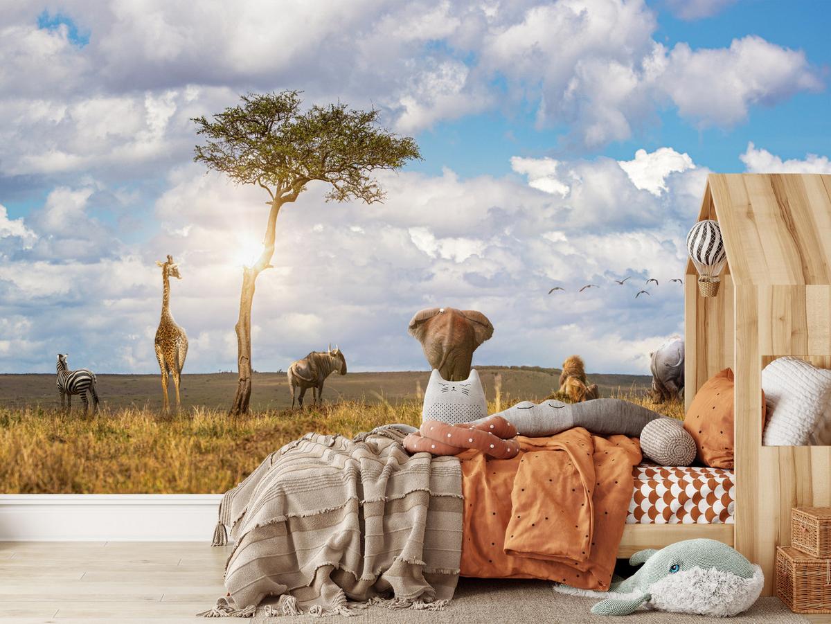 FOTOTAPETE für Kinderzimmer Safari Tiere Elefant Giraffe Löwe 200x140 - Beige/Braun, Papier (200/140cm) - Muralo