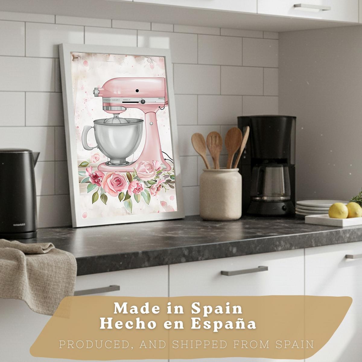 POSTER 4er Set Rosa Backkunst Wandbilder Küchenmaschine Torte Utensilien Blumen Shabby Chic Küche Deko Weißer Rahmen A3 - Weiß, Papier (29.7/1/42cm) - Nacnic