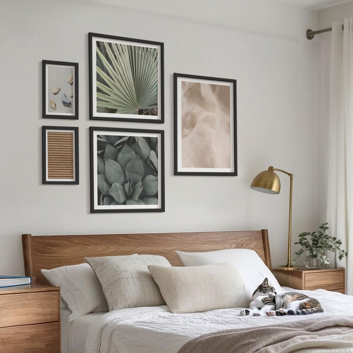 BILDER SET 5er Set - 50x50 cm & 20x30 cm & 40x60 cm Schwarzer Rahmen - Steine, Holz, Stofftexturen - Schwarz, Kunststoff (40/60cm) - TULUP