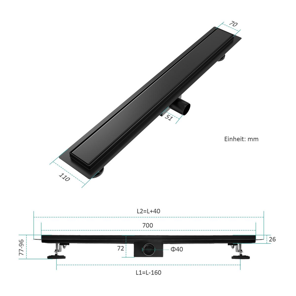 DUSCHRINNE Edelstahl Schwarz 60/11 cm - Schwarz, Metall (11/8/70cm) - EMKE