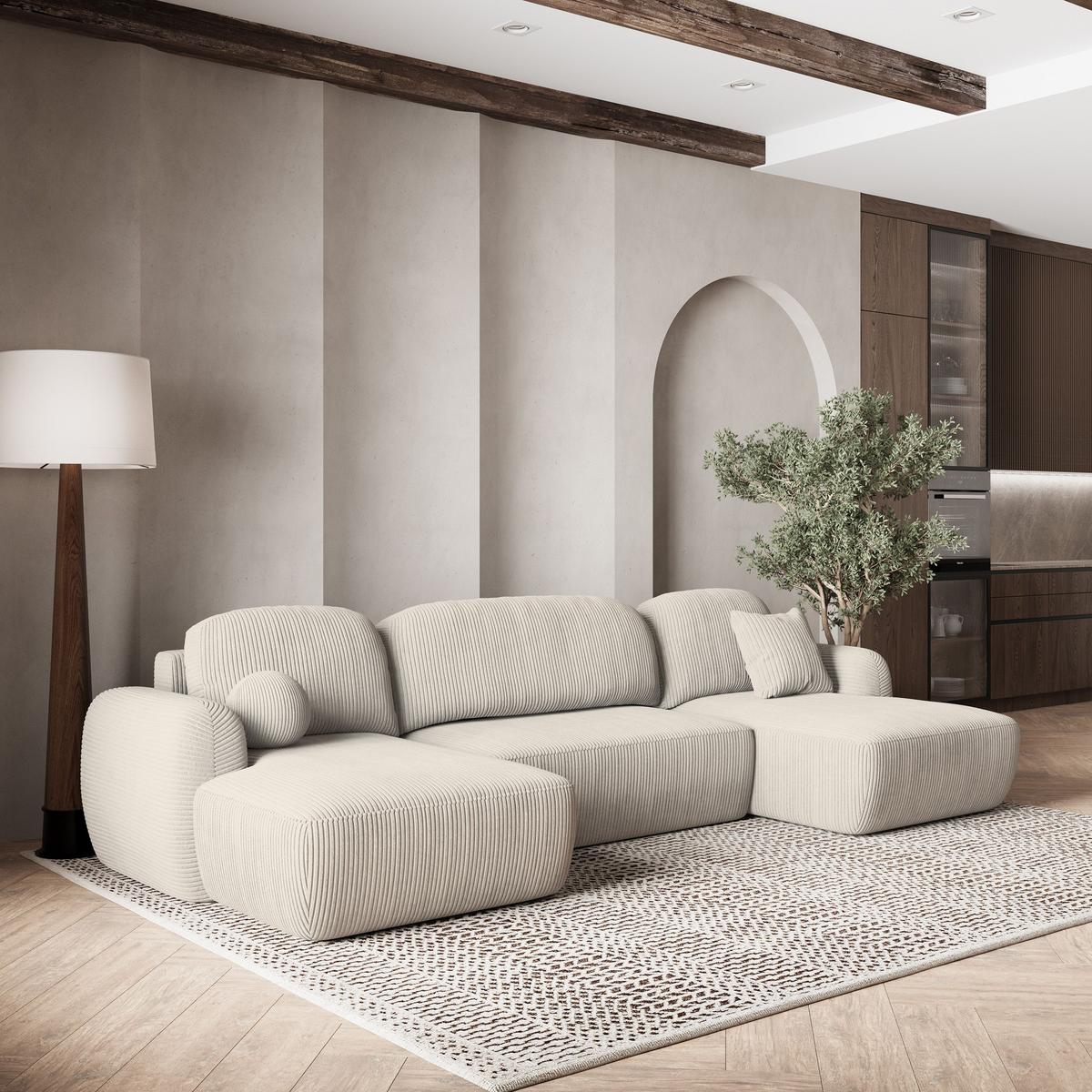 WOHNLANDSCHAFT SAVONA P Creme Kordstoff mit Schlaffunktion - Creme/Schwarz, Holz/Kunststoff (320/90/148cm) - MASSENO
