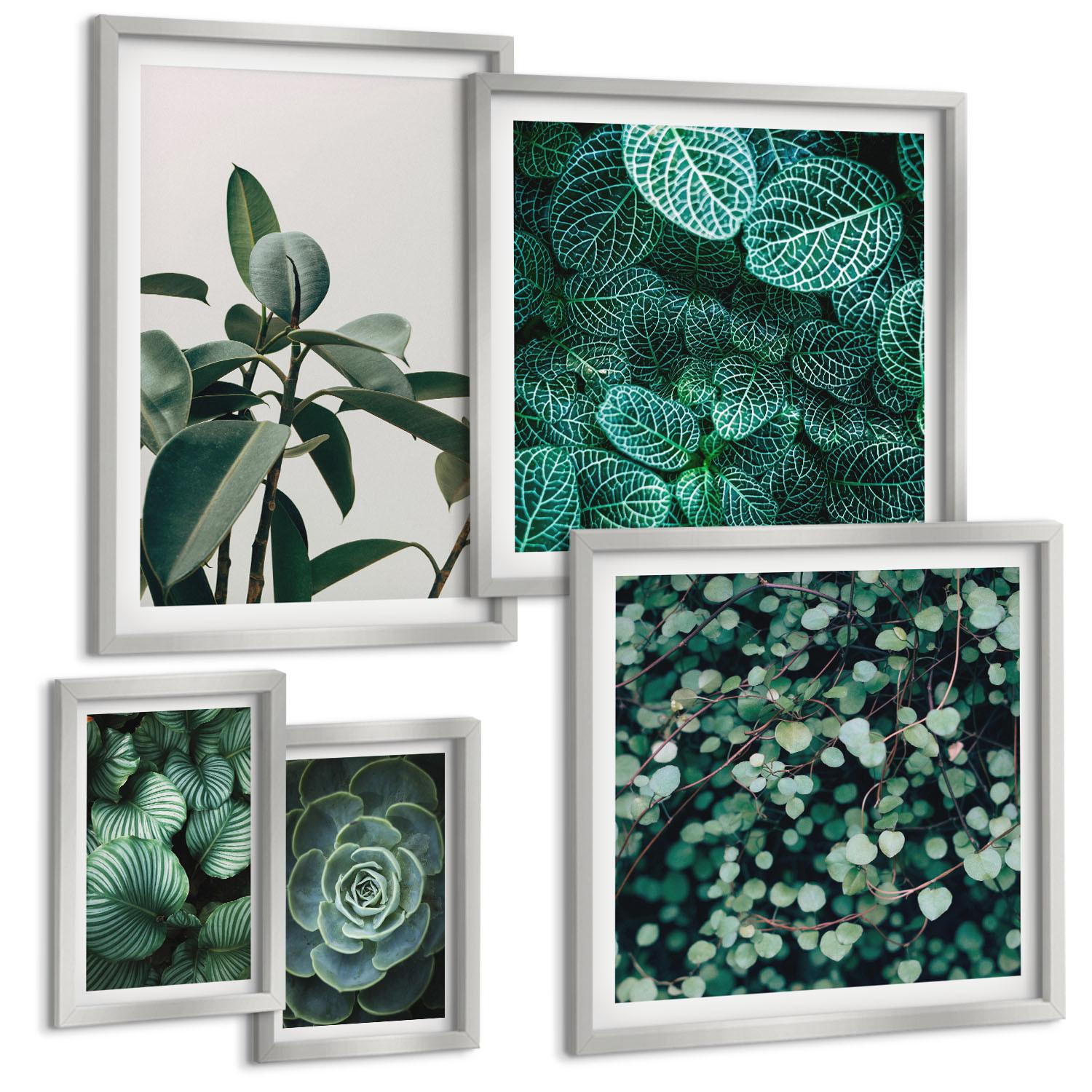 BILDER SET 5er Set - 50x50 cm & 20x30 cm & 40x60 cm Silberner Rahmen - Grüne Wälder, kristallklares Wasser - Silberfarben, Kunststoff (40/60cm) - TULUP