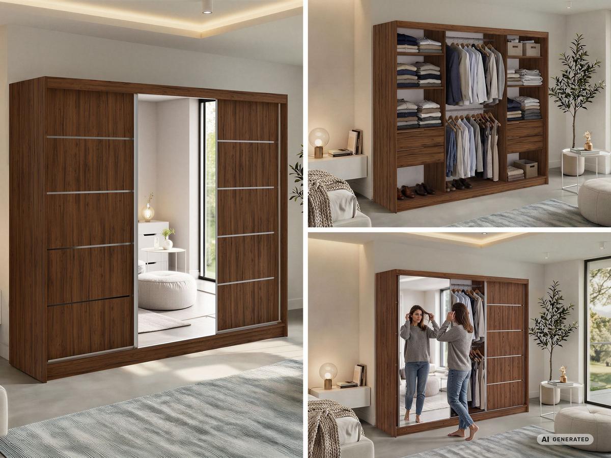 SCHWEBETÜRENSCHRANK 240 - SKORIA - Warmia Walnuss mit Spiegel - Walnussfarben/Alufarben, Holzwerkstoff/Metall (240/216/61cm) - MKS