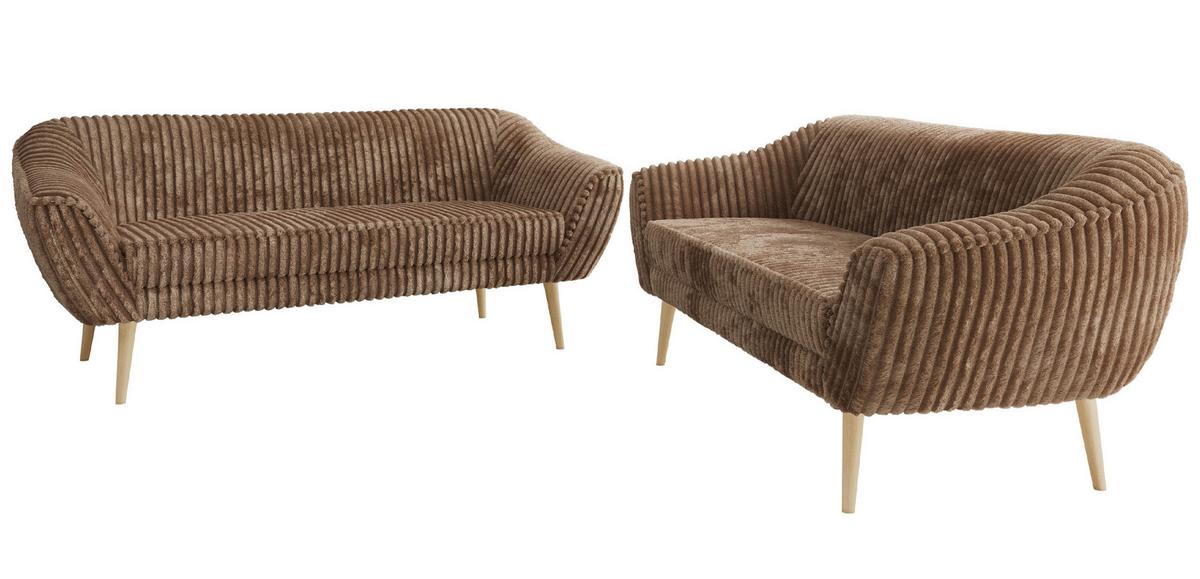 SITZGARNITUR PIRS 3+3 - Braun Cord - Holzbeine - Buchefarben/Braun, Holzwerkstoff/Textil (180/75/74cm) - MKS