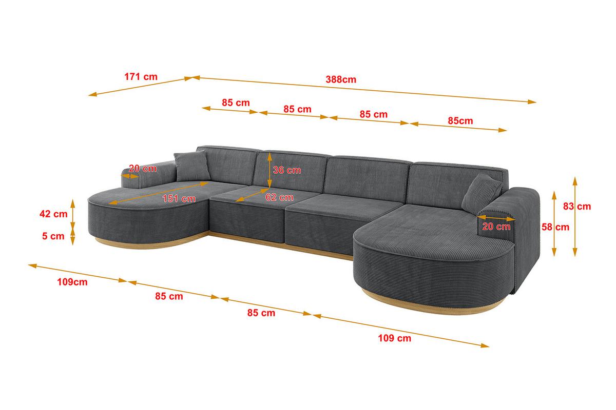 WOHNLANDSCHAFT MARI-U2-v2 - 388x171x83 cm Dunkelgrau Cord - Dunkelgrau, Holzwerkstoff/Textil (388/83/171cm) - ALTDECOR