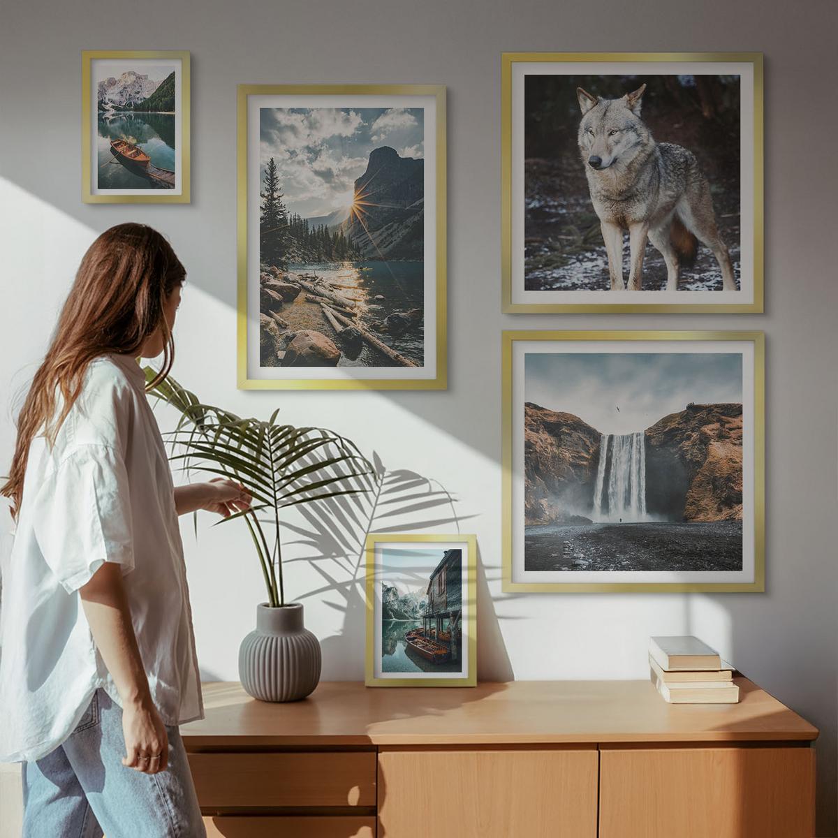 BILDER SET 5er Set - 50x50 cm & 20x30 cm & 40x60 cm Goldrahmen - Berge, Seen, Wasserfall, Wolf - Goldfarben, Kunststoff (40/60cm) - TULUP