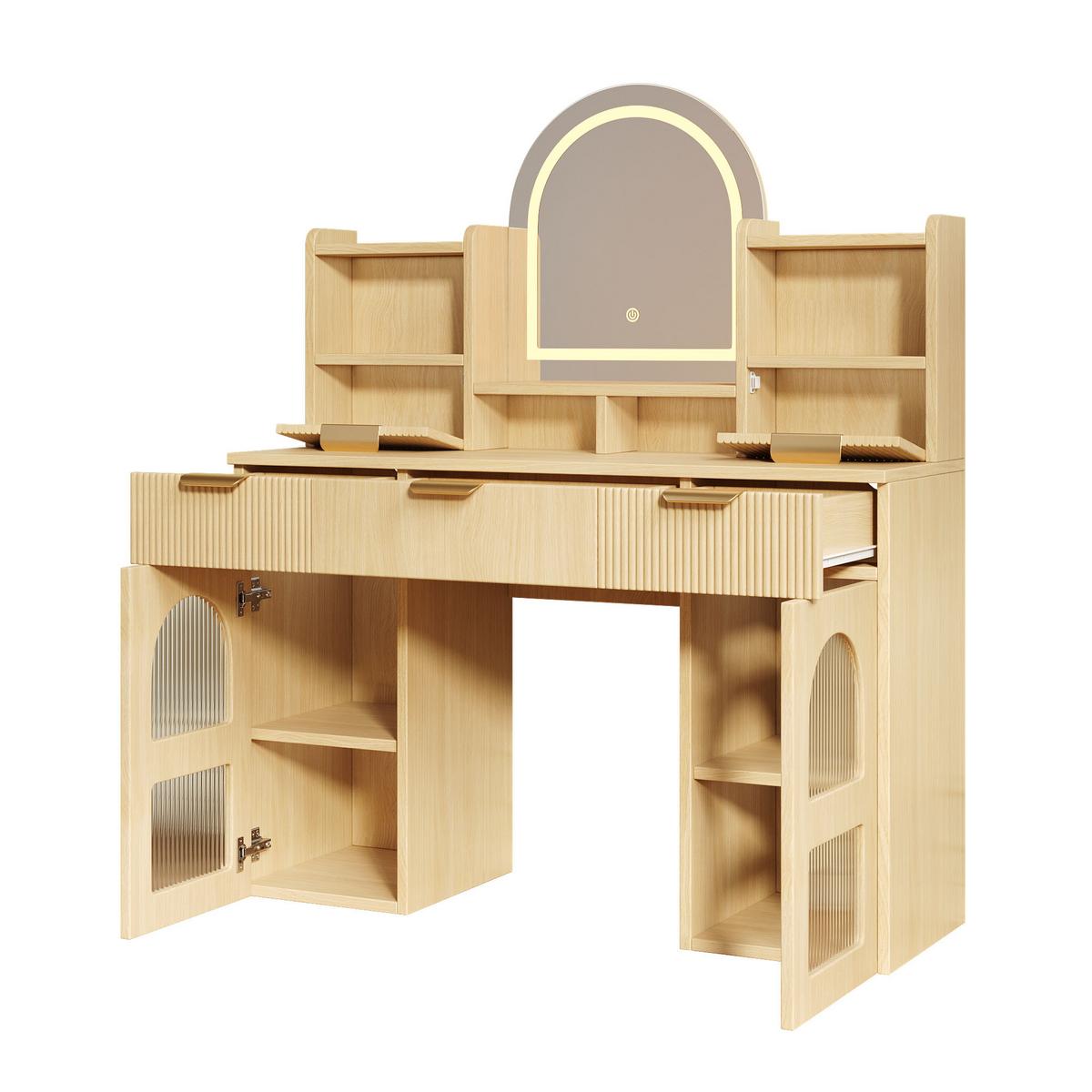 SCHMINKTISCH holzoptik mit LED-Spiegel & Glasvitrinen - Naturfarben, Holzwerkstoff (120/139.5/40cm) - Urban Meuble