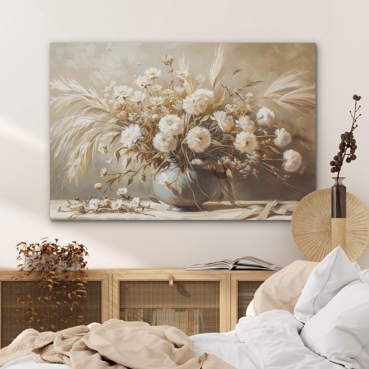 AKUSTIKBILD Blumen - Vase - Stilleben - Beige Wandbild Wohnzimmer 100x70 cm - Creme, Kunststoff (100/70/0.9cm) - MuchoWow