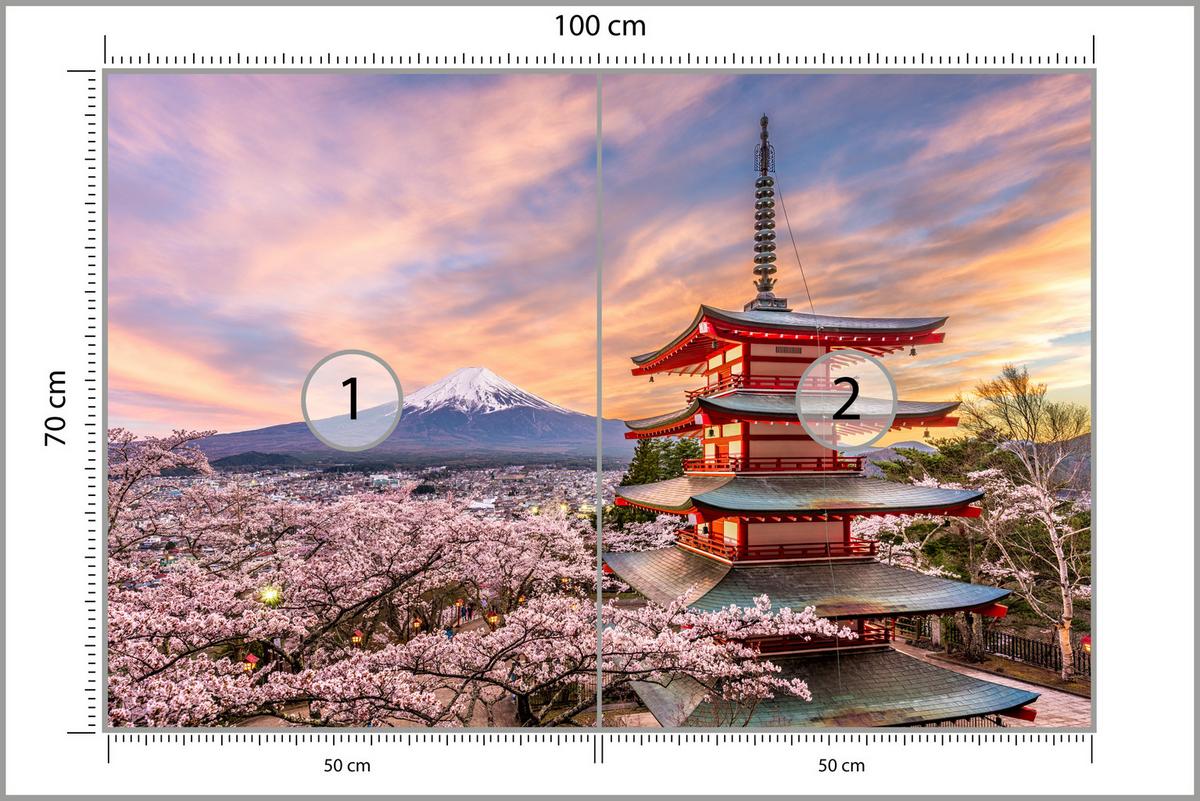 FOTOTAPETE für Wohnzimmer Japanische Pagode Frühling Sonnenuntergang 100x70 - Rot/Violett, Papier (100/70cm) - Muralo