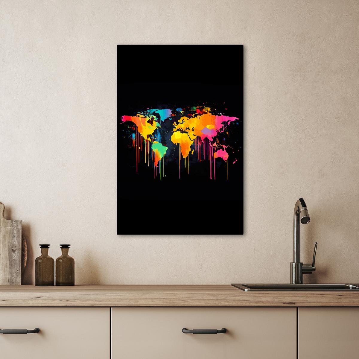 LEINWANDBILD Weltkarte - Farbe - Bunt - Graffiti - Welt Wanddeko 40x60 cm - Multicolor, Textil (40/60cm) - MuchoWow