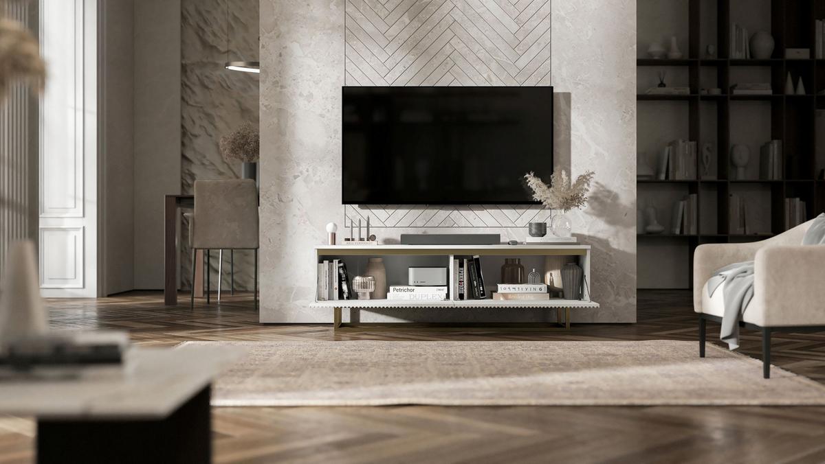 TV-SCHRANK Selene Glamour Weiß Matt mit Metallrahmen 140 cm - Goldfarben/Weiß, Holzwerkstoff/Metall (140/44/35cm) - Meble Lindner