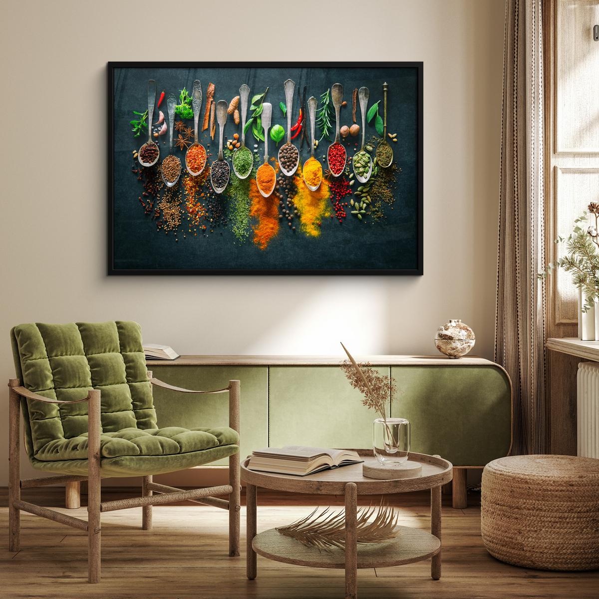 POSTER MIT RAHMENGERAHMTES BILD Kräuter - Gewürze - Löffel 120x80 cm - Currygelb, Papier (120/80cm) - MuchoWow