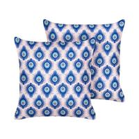 OUTDOOR-KISSEN 2er-Set Pfauenmuster blau/rosa 45/45 cm Ceriana - Blau, Textil (45/45cm) - Beliani