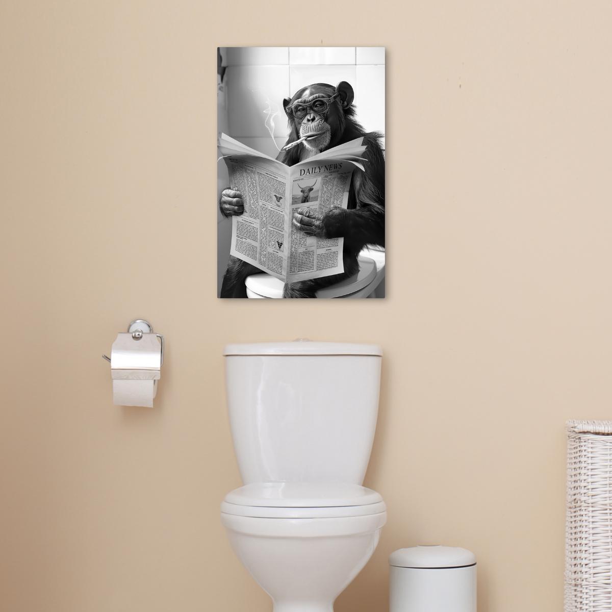 LEINWANDBILD Affe - WC - Zeitung - Schwarz-Weiß - Humor Wanddeko 40x60 cm - Hellgrau, Textil (40/60cm) - MuchoWow