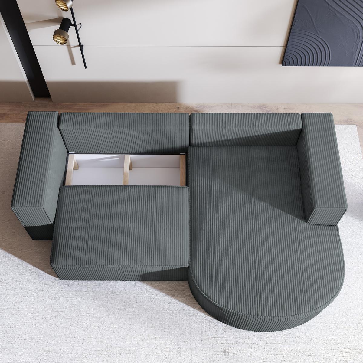 ECKSOFA SORELA P R-S Grau Kordstoff mit Schlaffunktion - Grau, Holz (263/174cm) - MASSENO