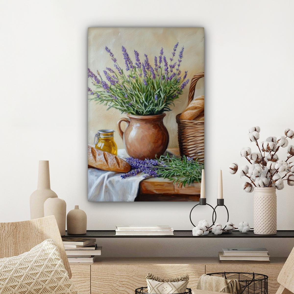 LEINWANDBILD Lavendel - Brot - Stilleben Wanddeko 40x60 cm - Flieder, Textil (40/60cm) - MuchoWow