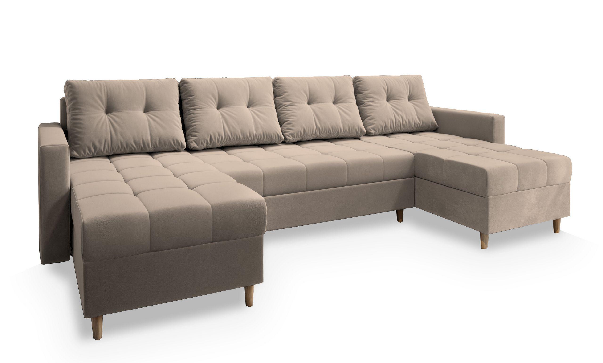 WOHNLANDSCHAFT MILO U Beige Plüsch-Stoff mit Schlaffunktion - Beige/Braun, Holz/Textil (285/91/140cm) - MASSENO