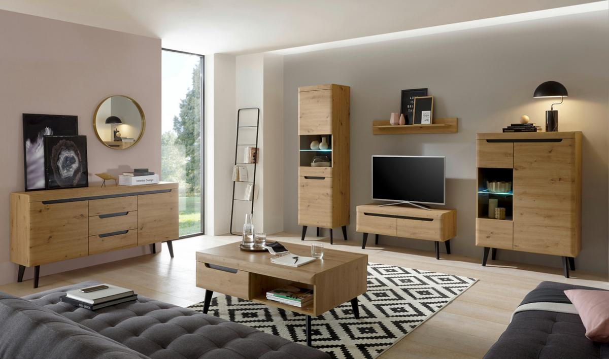 TV-LOWBOARD Eiche Artisan und schwarz 107 x 50 cm, TV Unterschrank mit Vollauszug - Eichefarben/Schwarz, Holzwerkstoff/Metall (107/50/40cm) - Furn.Design