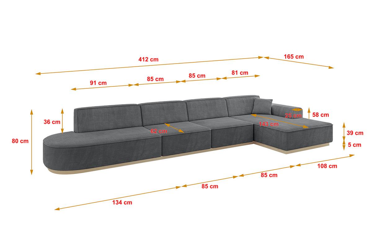 ECKSOFA Ottomane Rechts IREA-L3 - 412x165x80 cm Duneklgrau - Dunkelgrau, Holzwerkstoff/Textil (412/165cm) - ALTDECOR