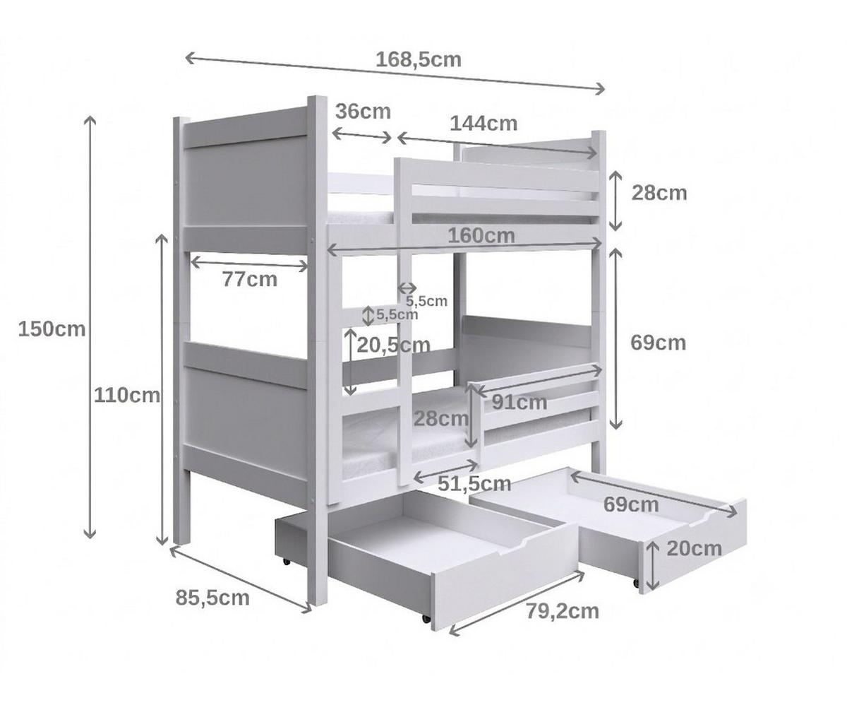 ETAGENBETT MIA mit Bettkasten 80x160 cm Kieferfarben - Kieferfarben/Grau, Holz (80/160cm) - MASSENO
