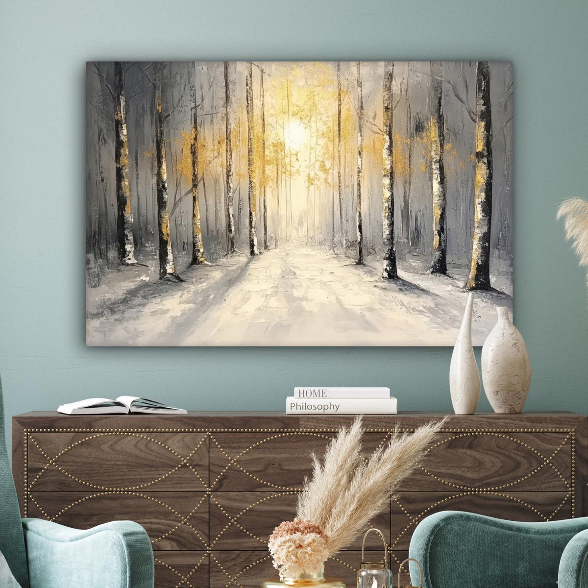 LEINWANDBILD Winter - Abstrakt - Schnee - Natur - Sonne Groß 140x90 cm - Grau, Textil (140/90cm) - MuchoWow