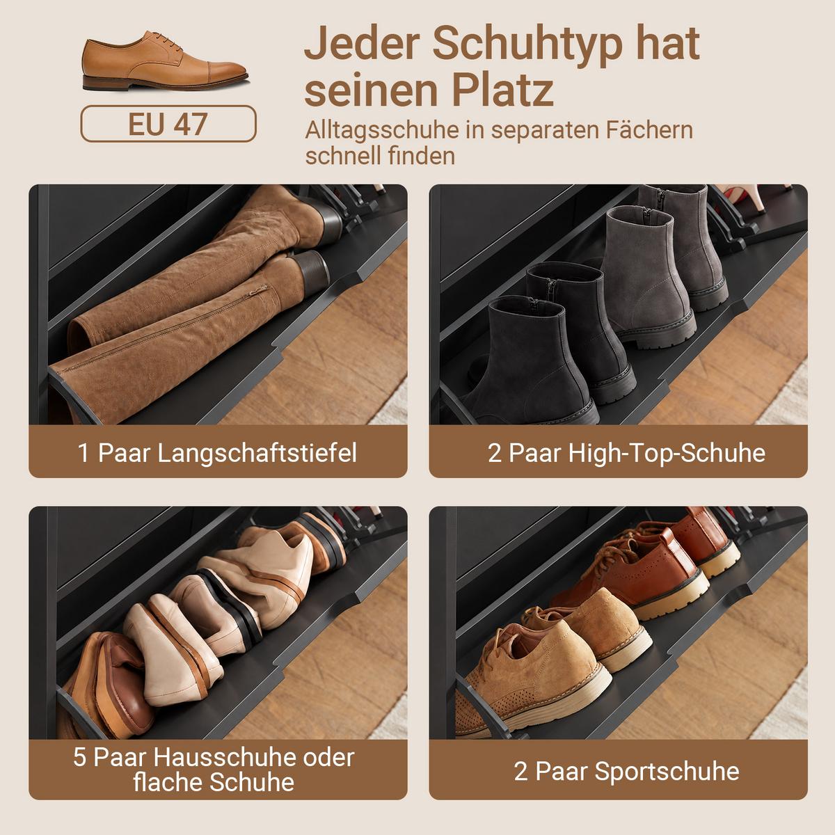 SCHUHSCHRANK schmal, nur 19 cm tief, schwarz, 4 Klappen, 8 Paar, bis EU 46, für Flur & hinter der Tür, 100x91x19 cm - Schwarz, Holzwerkstoff/Metall (100/91/19cm) - SoBuy
