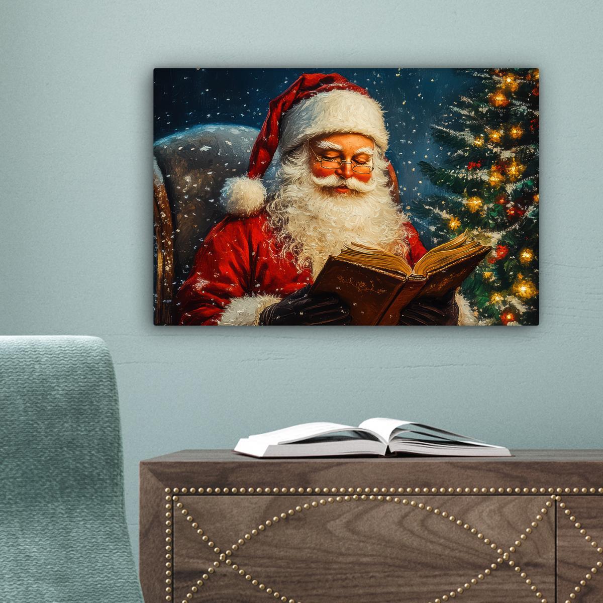 LEINWANDBILD Weihnachtsmann - Weihnachten - Winter - Weihnachtsbaum Deko Schlafzimmer 30x20 cm - Bordeaux, Textil (30/20cm) - MuchoWow
