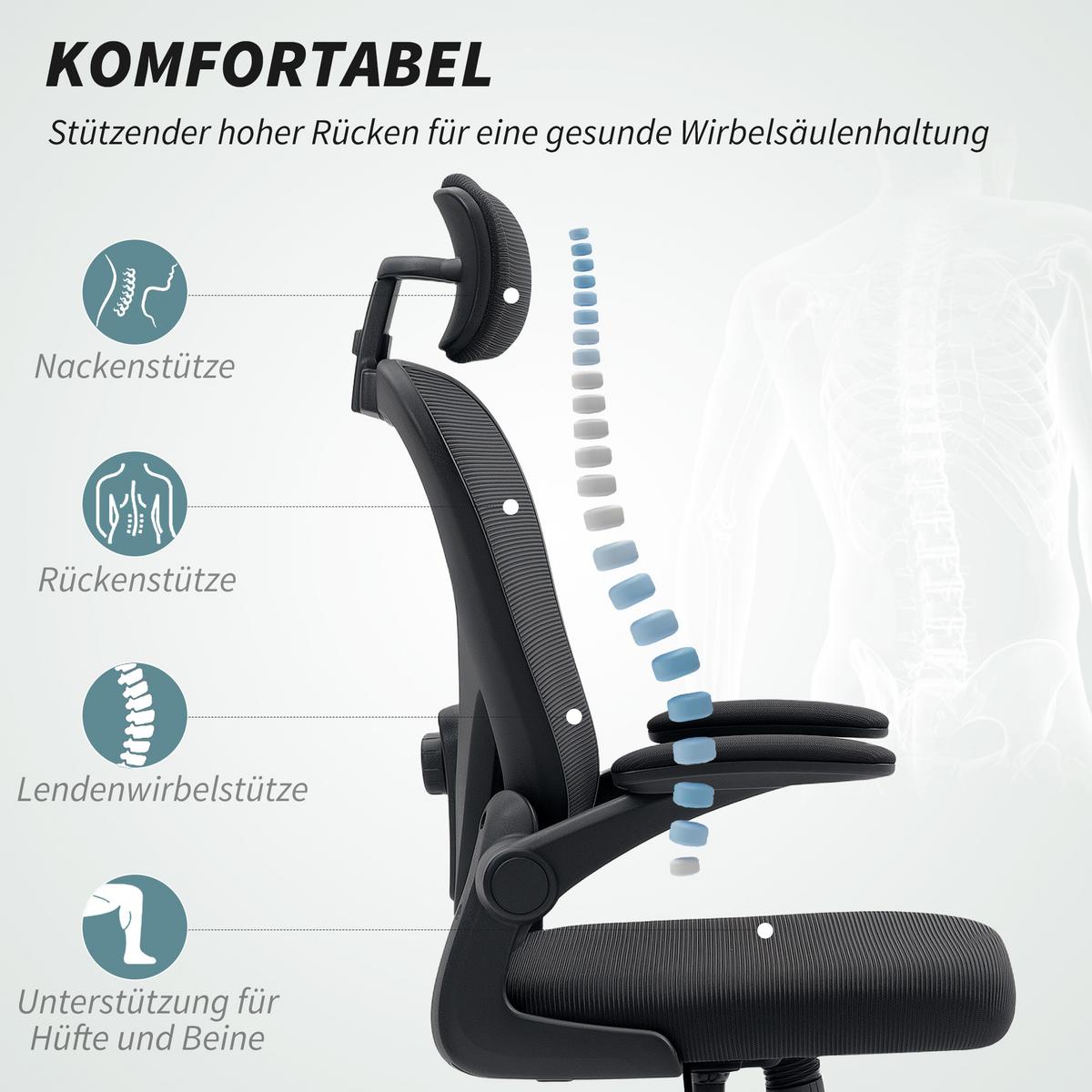 BÜROSTUHL Ergonomischer Schreibtischstuhl mit Hochklappbaren Armlehnen Schwarz - Schwarz, Kunststoff/Textil (63/125/64cm) - HOMCOM