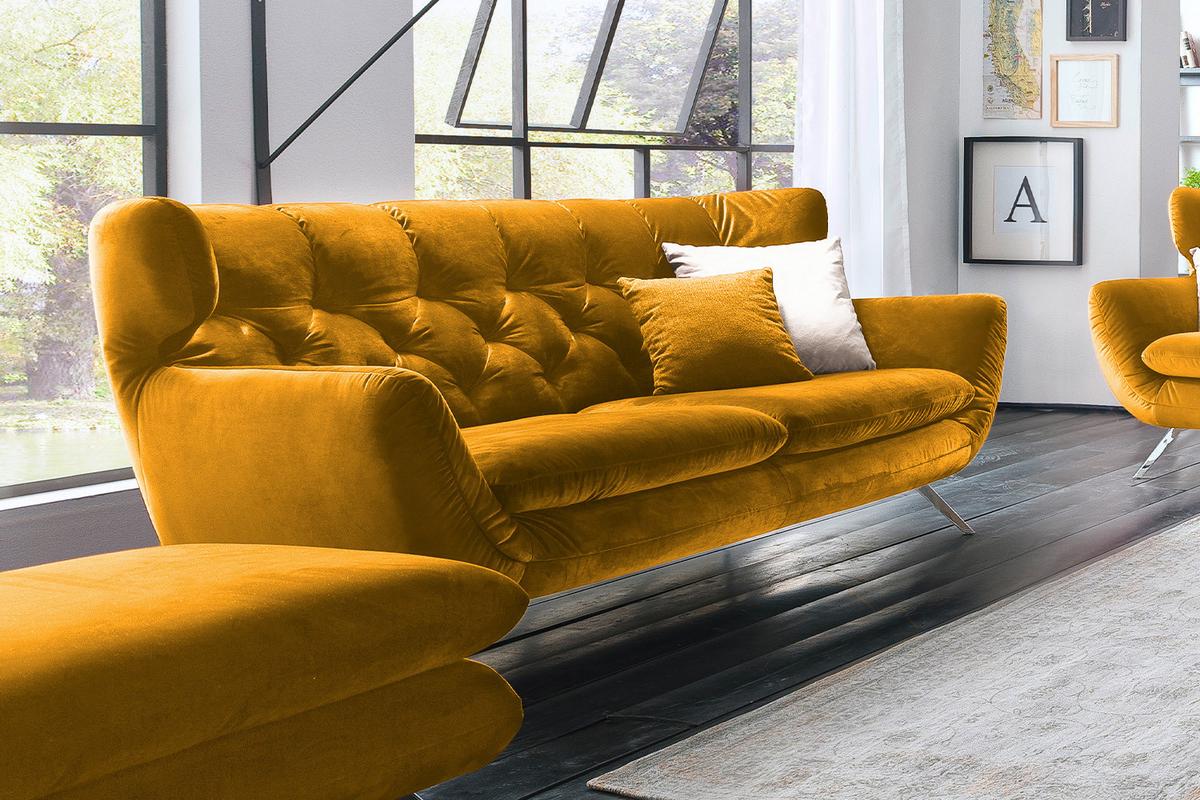 SOFA CHARME Gelb Velvet - Currygelb/Petrol, Textil (225/94/95cm) - KAWOLA