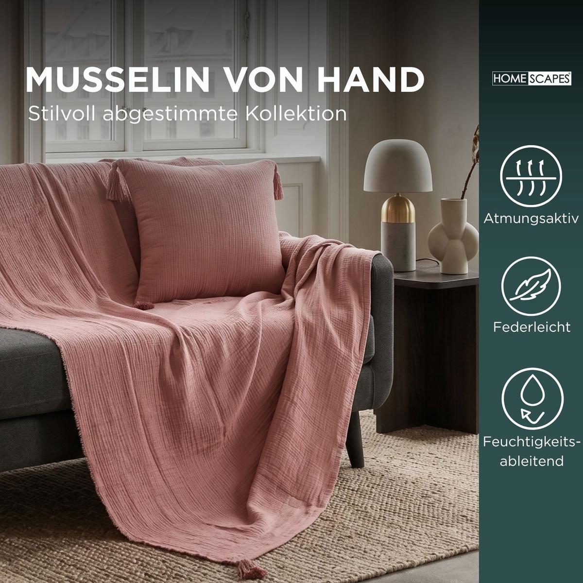 WOHNDECKE Musselin rosa mit Quasten - Rosa, Textil (127/180cm) - Homescapes