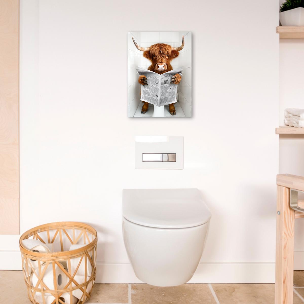 LEINWANDBILD Schottischer Highlander - Tier - Zeitung - Toilette Room Decor 30x40 cm - Kastanienfarben, Textil (30/40cm) - MuchoWow