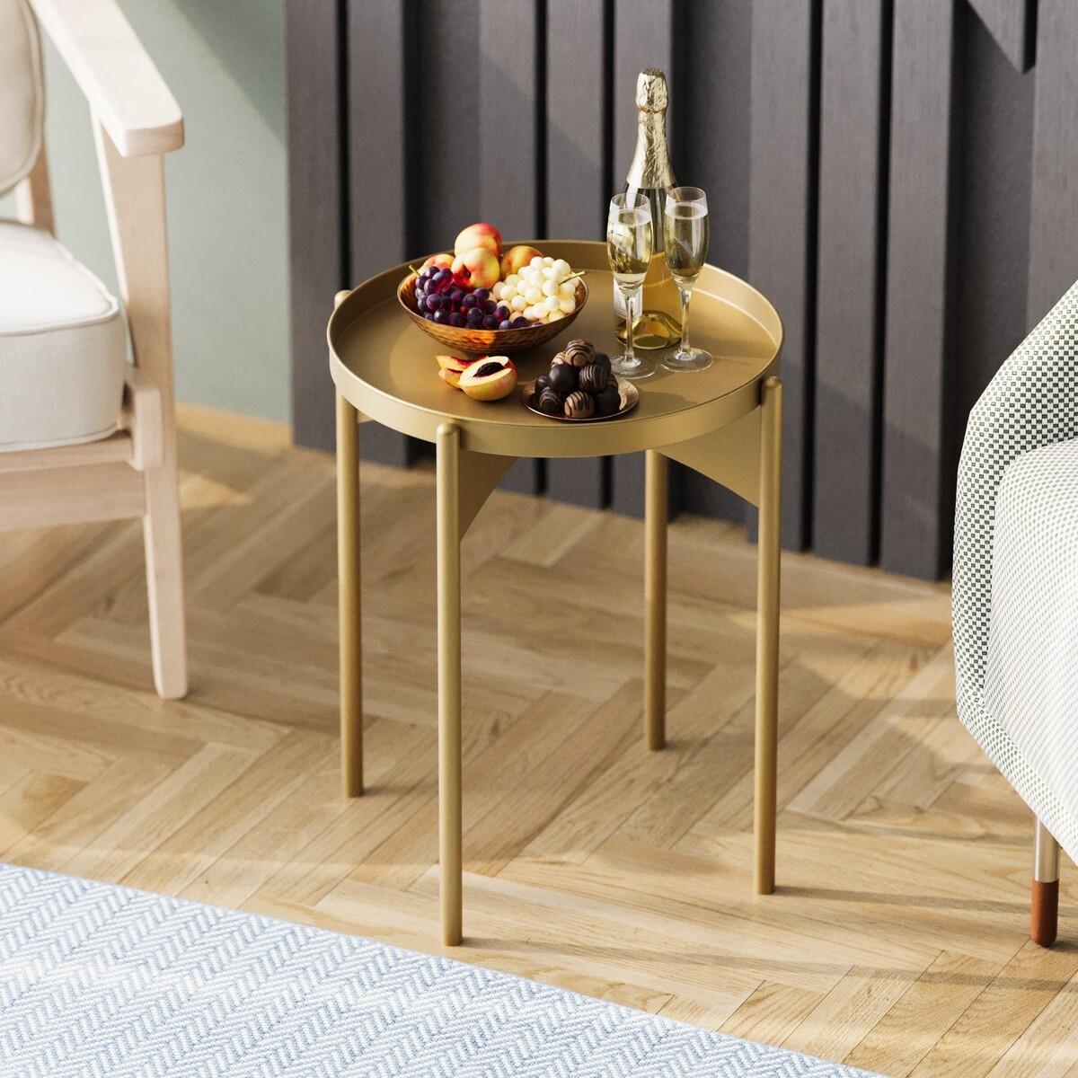 BEISTELLTISCH mit runder Metallplatte H57 cm - COLE - Goldfarben, Metall (60/44/57cm) - Calicosy