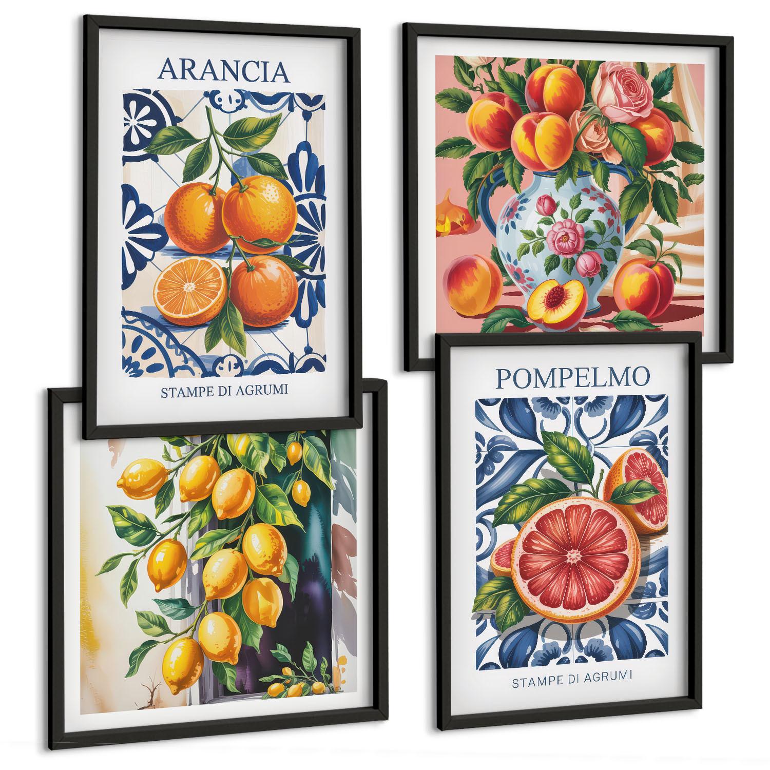 BILDER SET 4er Set - 50x50 cm & 40x60 cm Schwarzer Rahmen - Italienische Zitrus-Modeplakate - Schwarz, Kunststoff (50/50cm) - TULUP