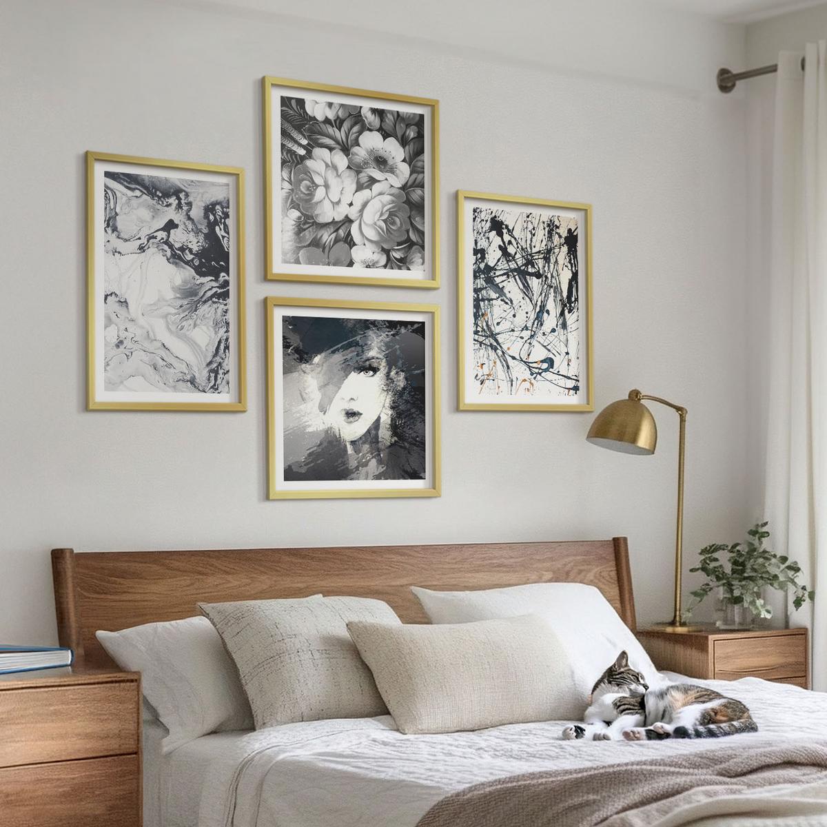 BILDER SET 4er Set - 50x50 cm & 40x60 cm Goldrahmen - Abstrakte schwarz-weiße Muster - Goldfarben, Kunststoff (50/50cm) - TULUP