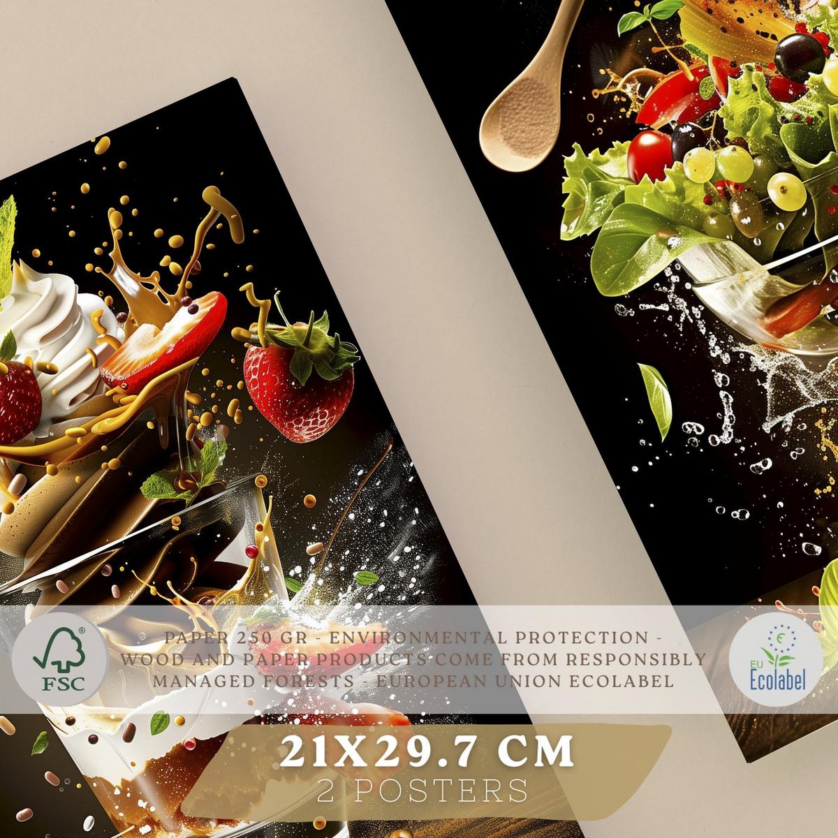 POSTER 2er Set Küchen-Wandbilder Erdbeer-Dessert und Salat Splash Fotografie Schwarzer Hintergrund Deko Rahmenlos A4 - Klar, Papier (29.7/1/21cm) - Nacnic
