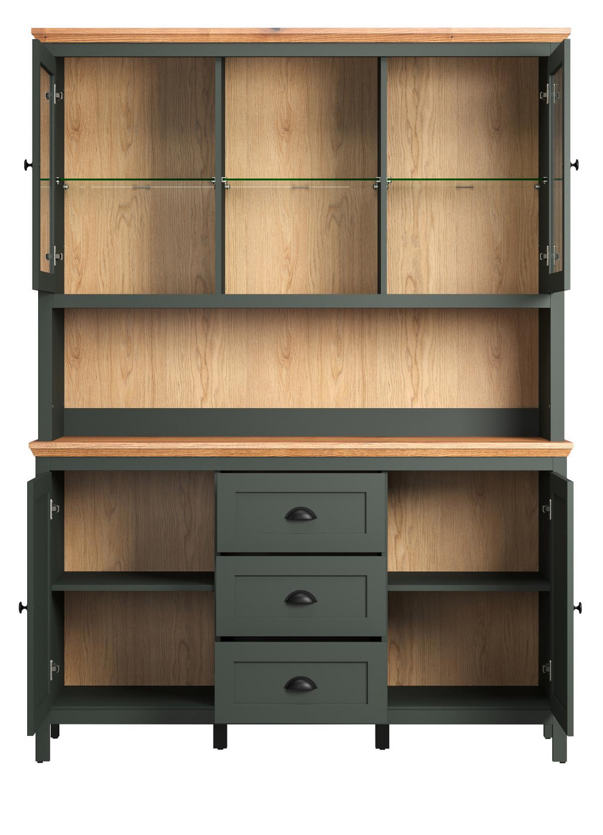 BUFFETSCHRANK grün, Evoke Eiche Landhaus 146 x 198 cm, Vitrine inklusive LED - Eichefarben/Schwarz, Glas/Holzwerkstoff (45/198/146cm) - Top.Furn