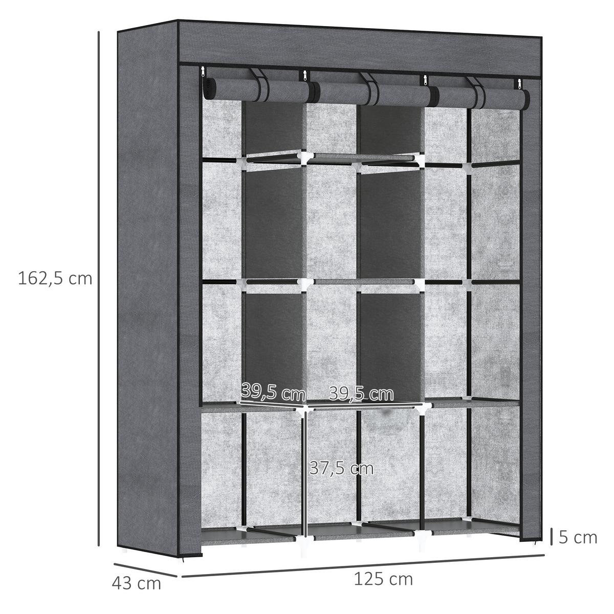 STOFFSCHRANK, Faltschrank, Kleiderschrank mit Kleiderstangen 8 Ebenen Dunkelgrau - Dunkelgrau, Metall (43/162.5/125cm) - HOMCOM