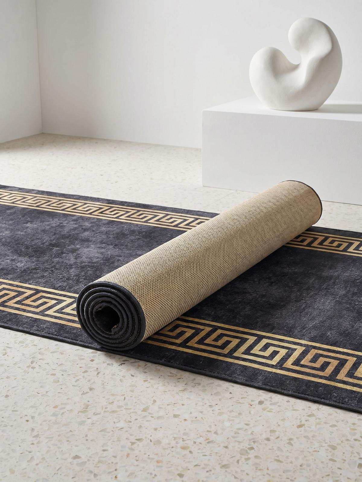 TEPPICH Flachgewebe Waschbar PIZOL in Schwarz, mit Mäander-Muster, 80 x 250 cm - Schwarz, Textil (250/80cm) - KADIMA DESIGN