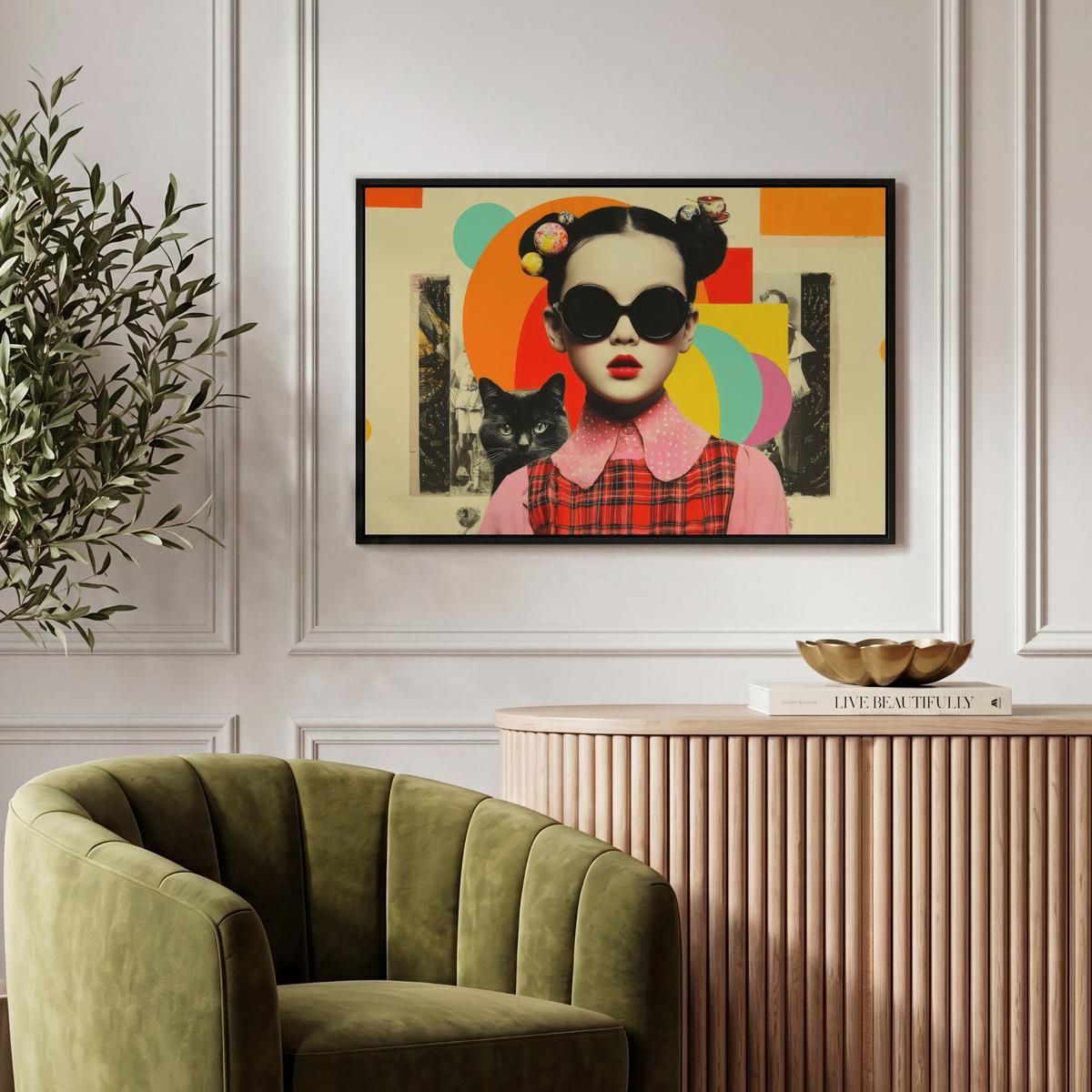 LEINWAND Bilder mit Rahmen - Mädchen - Sonnenbrille - Katze - Retro - 60x40 - Beige, Textil (60/40cm) - MuchoWow