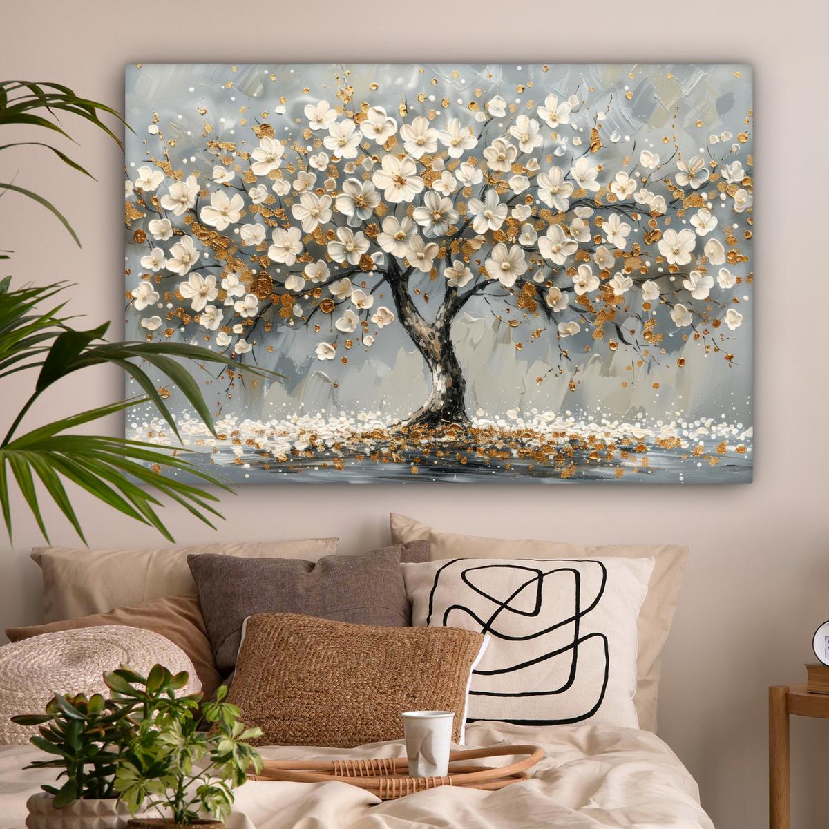 LEINWANDBILD Baum - Blumen - Weiß - Natur - Kunst Groß 140x90 cm - Weiß, Textil (140/90cm) - MuchoWow