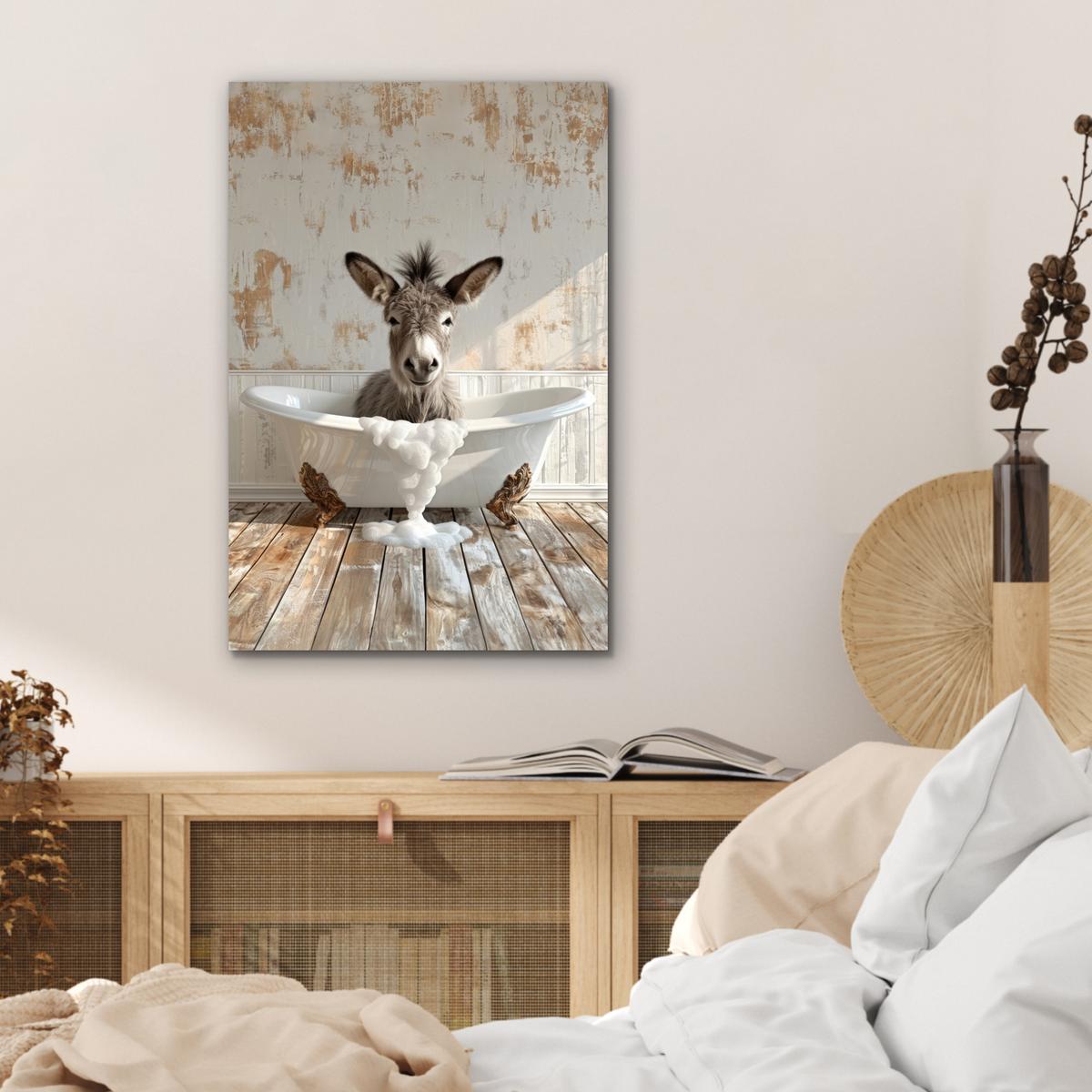 METALLBILD Esel - Tiere - Badewanne - Schaumstoff Deko Schlafzimmer 40x60 cm - Weiß, Metall (40/60cm) - MuchoWow