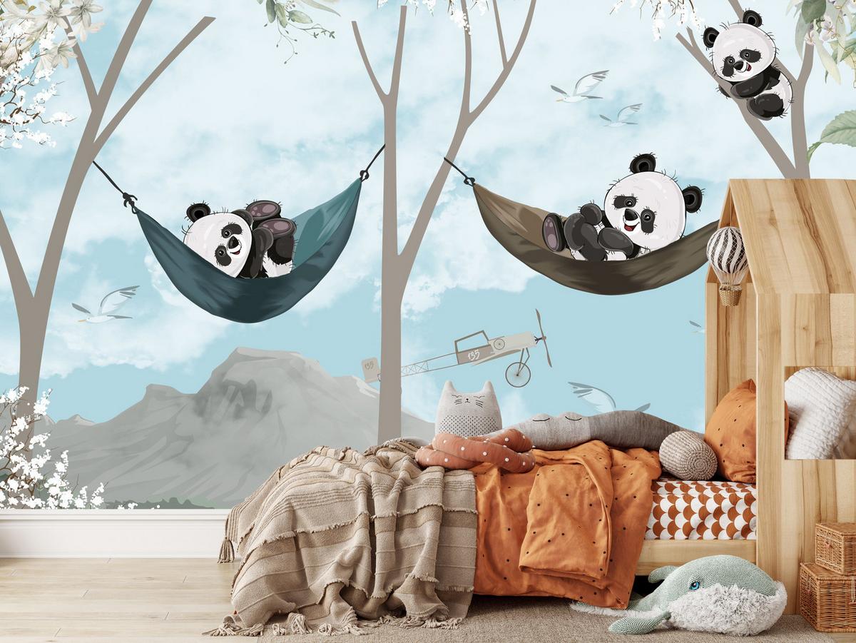 FOTOTAPETE für Kinderzimmer Pandas in Hängematten Märchenwald Blumen Berge 200x140 - Schwarz/Weiß, Papier (200/140cm) - Muralo