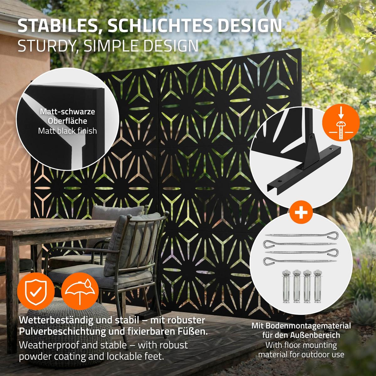 METALL-SICHTSCHUTZ Torino 120x180 cm Schwarz aus Stahl - Schwarz, Metall (120/183cm) - ML-DESIGN