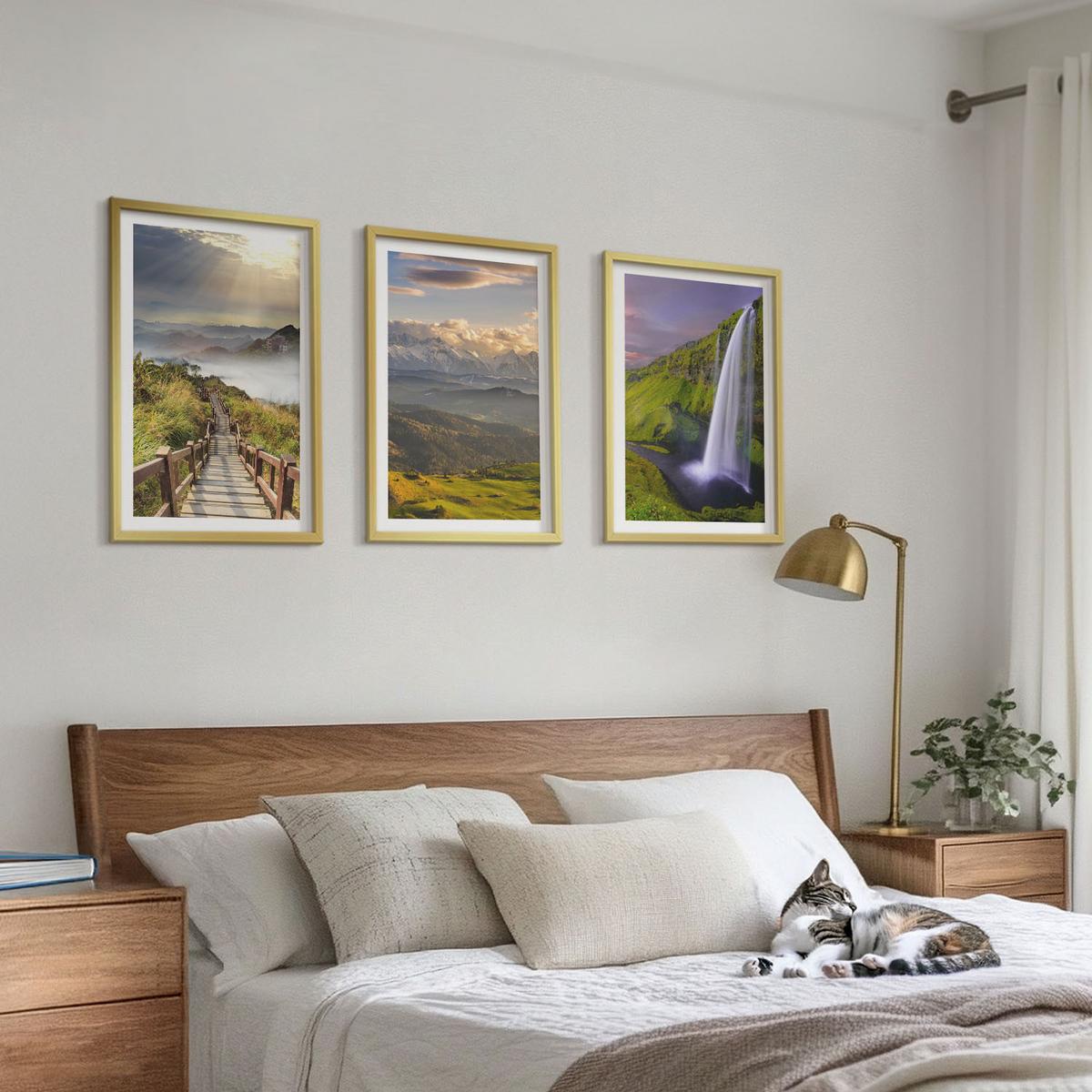 BILDER SET 3er Set - 40x60 cm Goldrahmen - Berglandschaften Wasserfall - Goldfarben, Kunststoff (40/60cm) - TULUP