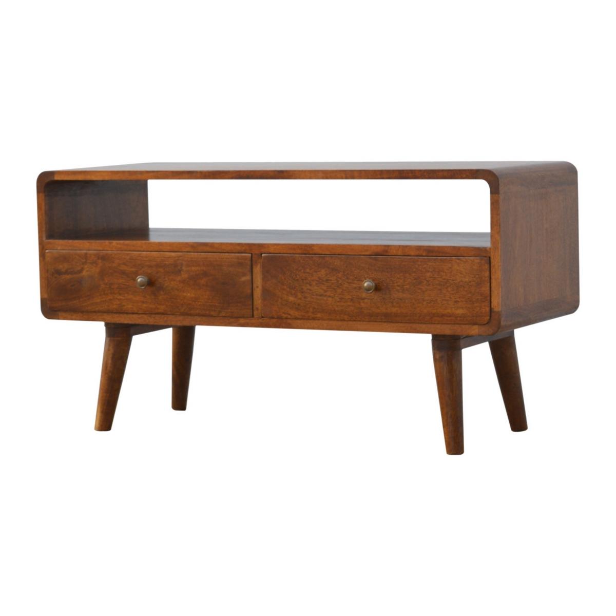MEDIENUNIT Massives Mangoholz Gewölbte, Kastanienholz-Finish, mit 2 Schubladen - Messingfarben/Braun, Holz/Metall (90/47/35cm) - Artisan Furniture