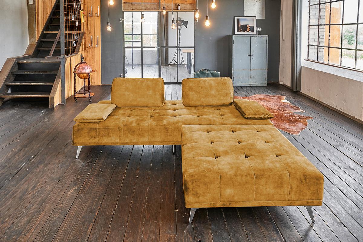 SOFA MIT HOCKER WIOLO Braun Velvet - Silberfarben/Braun, Textil/Metall (240/80/110cm) - KAWOLA